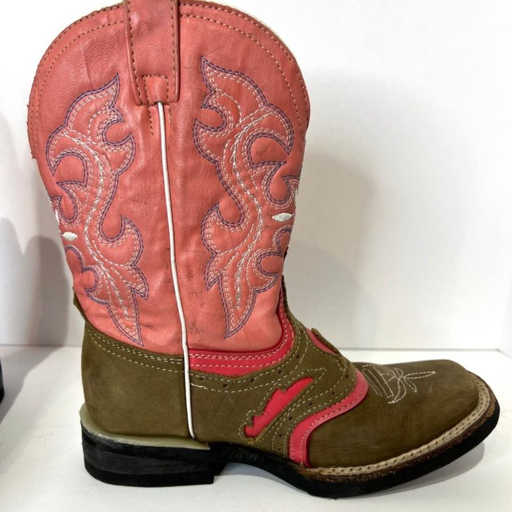 Majoma Western Leather Boots Brown/Pink Embordered Youth US 5.5 Cowgirl Cowboy